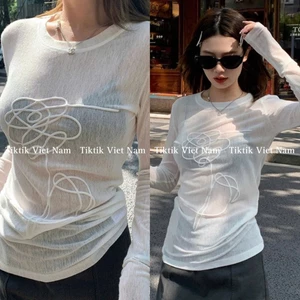 Áo thun giấy dài tay cổ tròn màu trắng xuyên thấu hình bông hoa viền nổi thời trang nữ ATDT011 - Tiktik