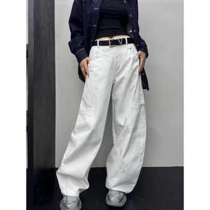 Quần jeans trắng ống rộng túi ngang lưng cao. Quần bò trắng denim ống xuông lưng cao đơn giản cá tính (HC18)