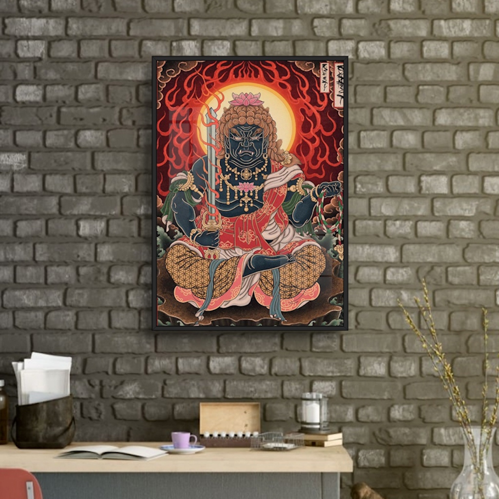 Tranh Gỗ Bất Động Minh Vương Tráng Gương Có Khung - Tranh Treo Tường Phòng Thờ Phòng Khách