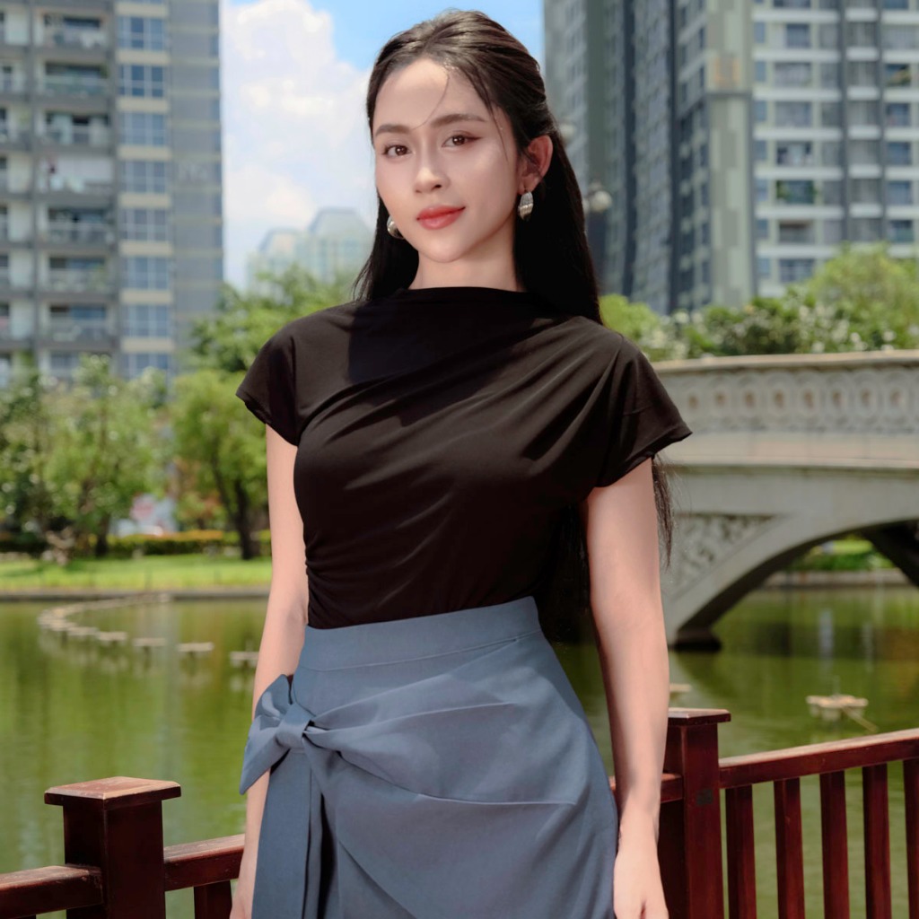 MAYBI Áo Ôm Tay Ngắn Kiểu Xếp Ly Vai , Áo Thun Kiểu Thời Trang Thanh Lịch
