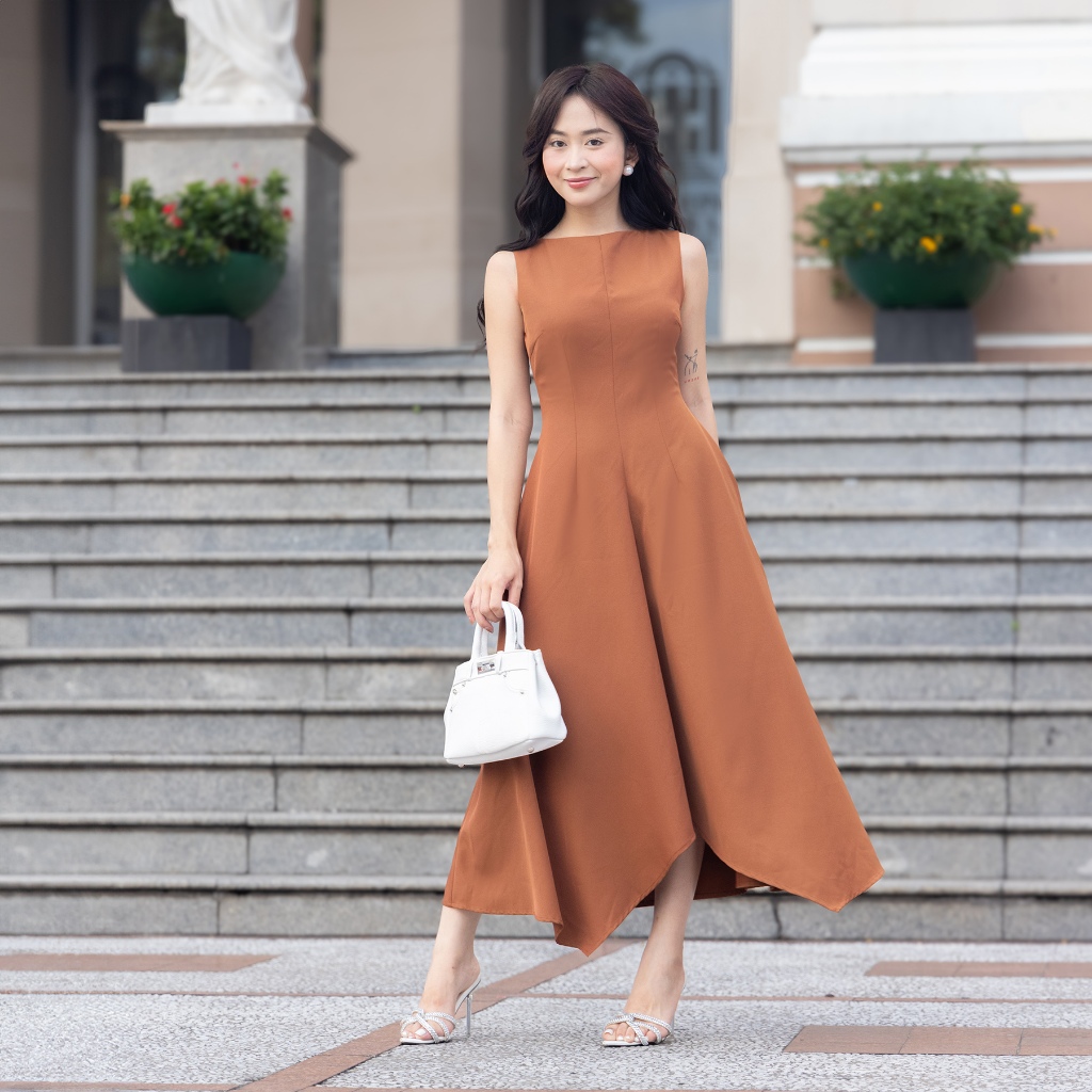 MAYBI Đầm Midi Dáng Xoè Cotton Lạnh Xếp Ly Vai, Váy Dáng Dài Thời Trang Nữ Thanh Lịch