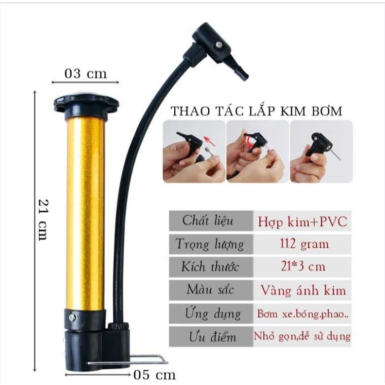 Ống Bơm Mini Thân Kim Loại Cầm Tay 21cm, Bơm Mini Đa Năng Nhỏ Gọn Tiện Dụng
