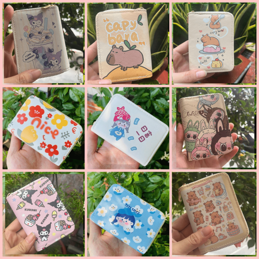 Ví nữ mini cầm tay thời trang nhiều ngăn, bóp hoạ tiết cute chất liệu da PU