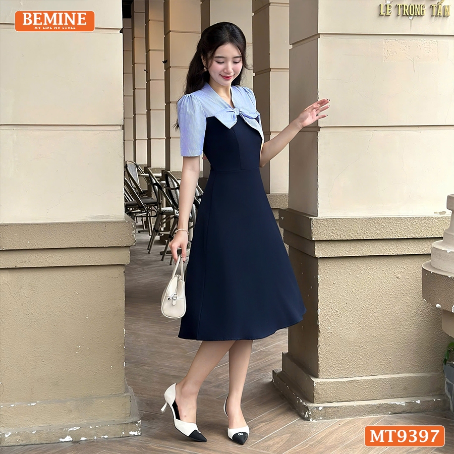 Ảnh Đầm thiết kế cổ V thắt nơ cúp ngực dáng xếp ly BEMINE MT9397 3