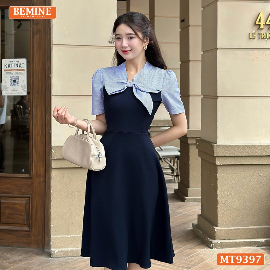 Ảnh Đầm thiết kế cổ V thắt nơ cúp ngực dáng xếp ly BEMINE MT9397 2