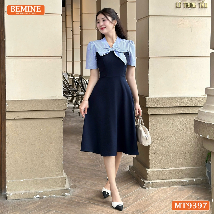 Ảnh Đầm thiết kế cổ V thắt nơ cúp ngực dáng xếp ly BEMINE MT9397 1