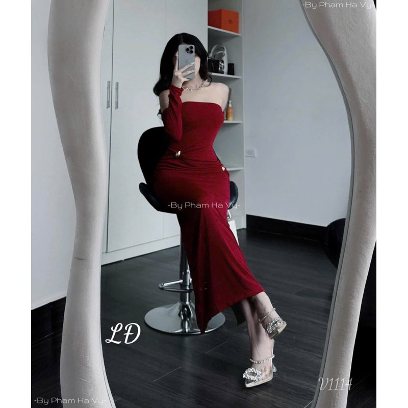 Đầm body nhúng trễ vai dáng dài chất co giãn