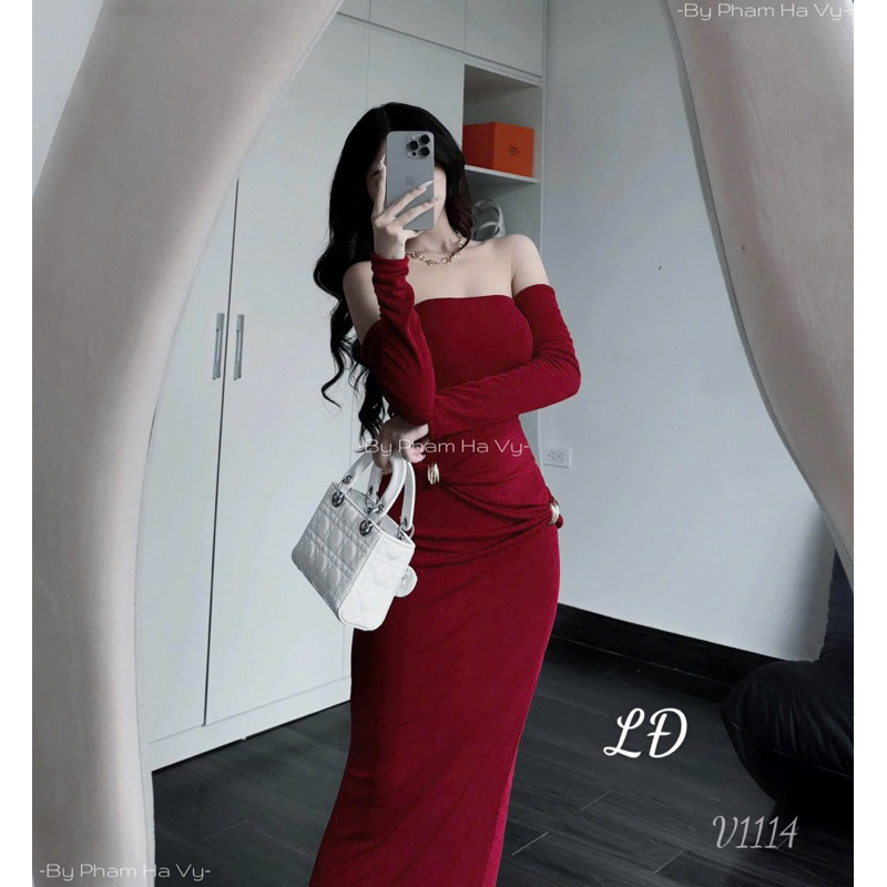Đầm body nhúng trễ vai dáng dài chất co giãn