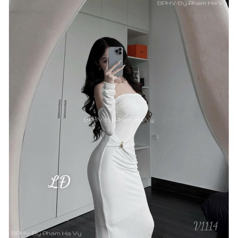 Đầm body nhúng trễ vai dáng dài chất co giãn