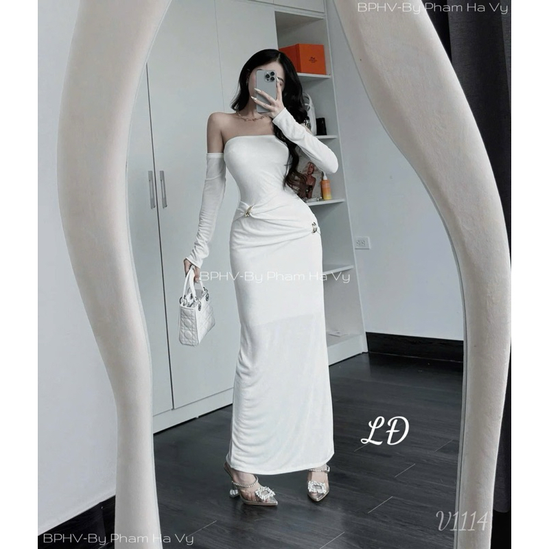 Đầm body nhúng trễ vai dáng dài chất co giãn