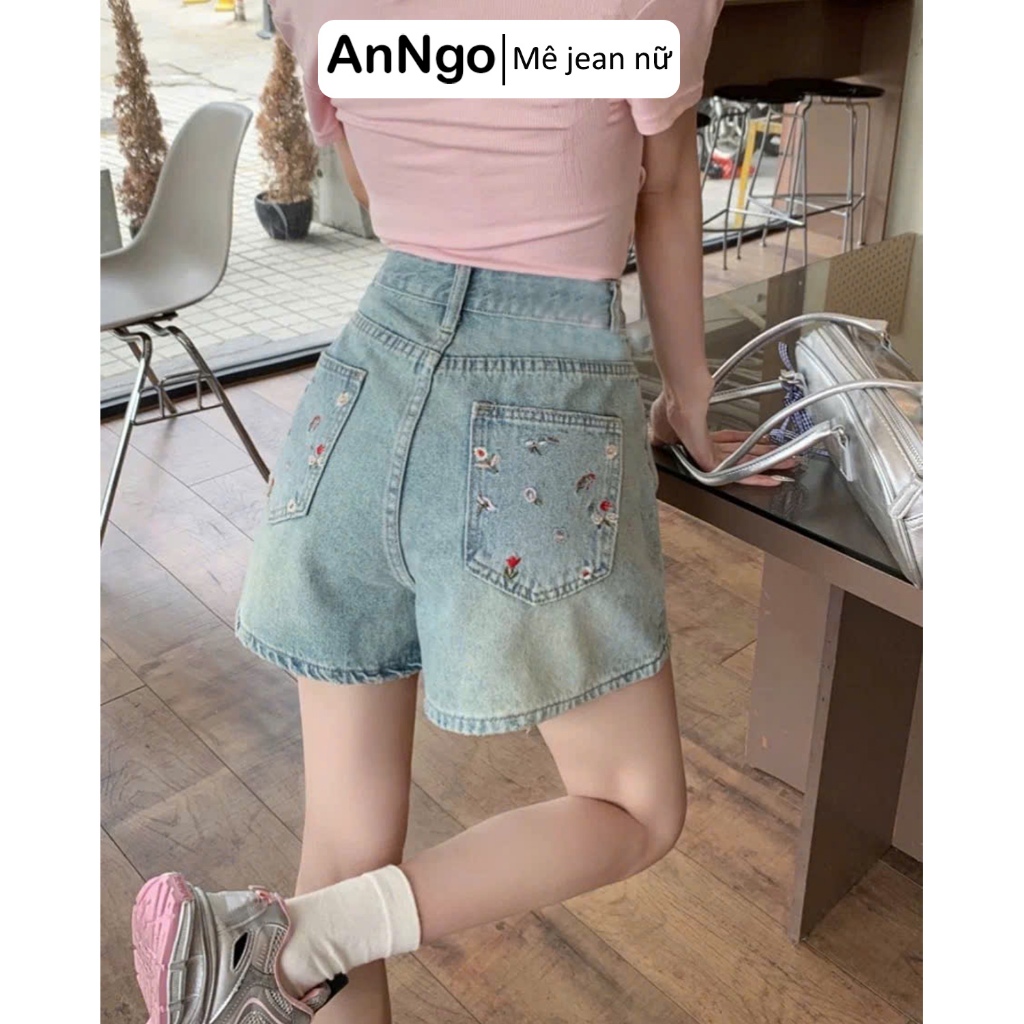 Quần short jean nữ lưng cao chất denim không co giãn thêu hoa túi sau Anngo - AT494