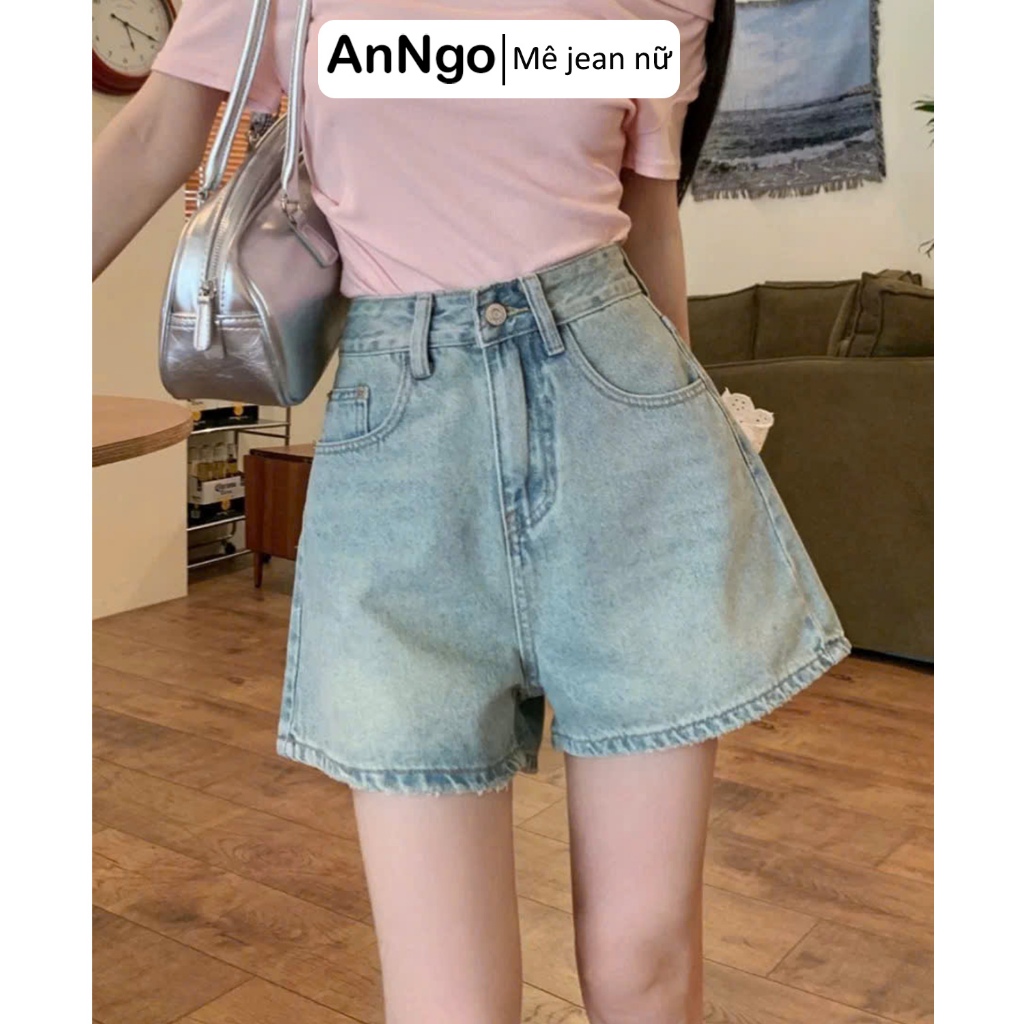 Quần short jean nữ lưng cao chất denim không co giãn thêu hoa túi sau Anngo - AT494