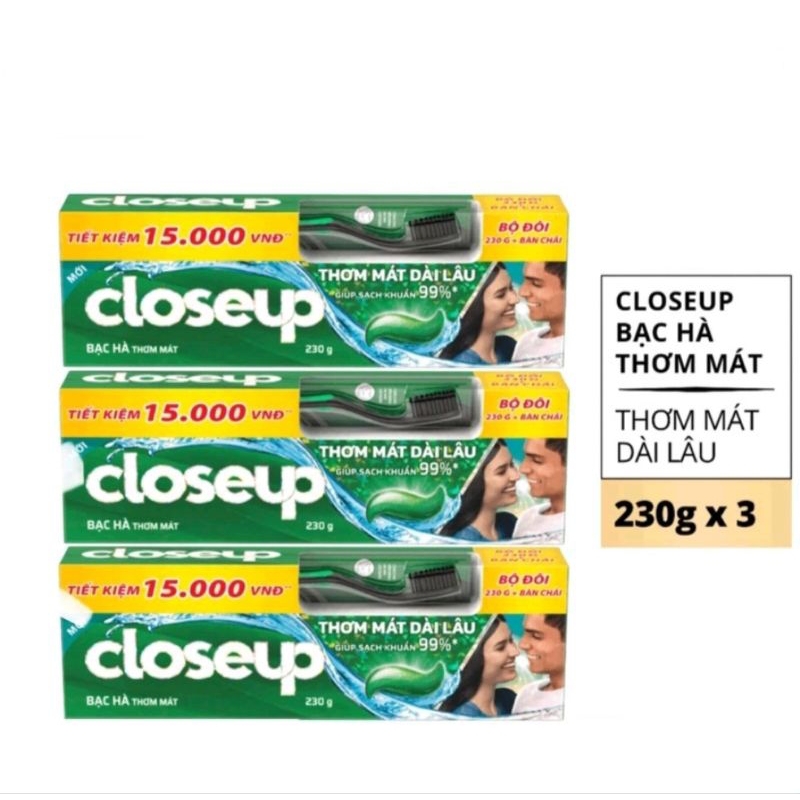 Kem Đánh Răng, combo 3 típ kem Closeup Cho Hoi Thở Thơm Mát Bất Tận Bạc Hà The Mát 230G/Tuýp