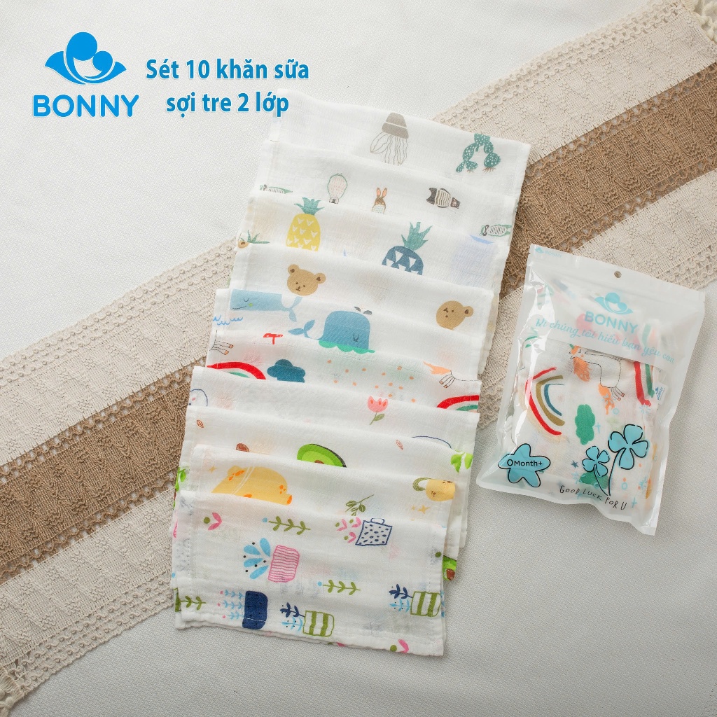 10 Chiếc Khăn Sữa 2 Lớp BONNY Sợi Tre Mềm, Thấm Hút Tốt Không Xù Nhăn (KT: 26x26Cm)