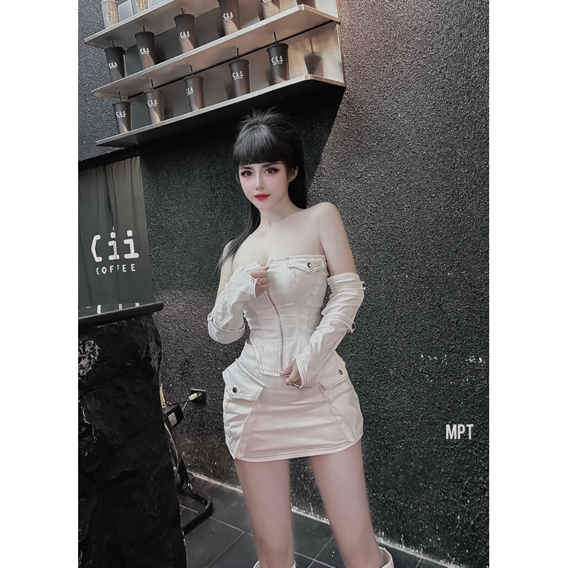 Set váy jean trần chỉ kèm găng tay siêu chất