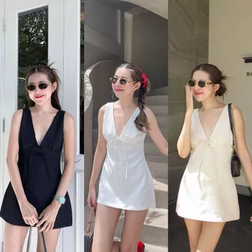 Đầm linen ngắn cổ yếm cột nơ, váy linen cổ yếm dáng A