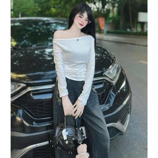 Áo Thun Trơn Lệch Vai Dài Tay Nhún Rúm Eo Áo Thun Thu Đông Ôm Body Hở Trễ Vai Hàn Quốc Freesize