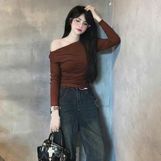 Áo Thun Trơn Lệch Vai Dài Tay Nhún Rúm Eo Áo Thun Thu Đông Ôm Body Hở Trễ Vai Hàn Quốc Freesize