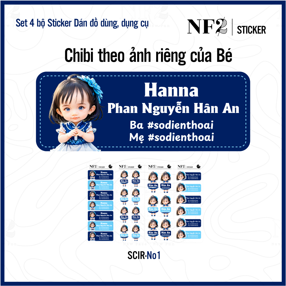 STICKER CHIBI CHO BÉ - Dán đồ dùng, dụng cụ In Tên Bé NF2Sticker - Set 4 bộ kích thước 2.2 x 6 cm