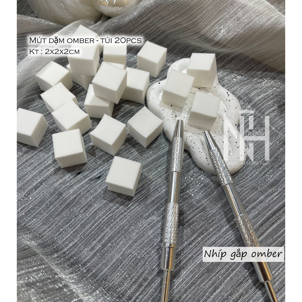 Set bông + cây cố định mút dặm ombre, mút dặm omber, nhíp gắp mút omber