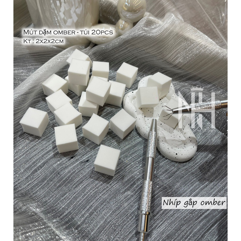 Set bông + cây cố định mút dặm ombre, mút dặm omber, nhíp gắp mút omber