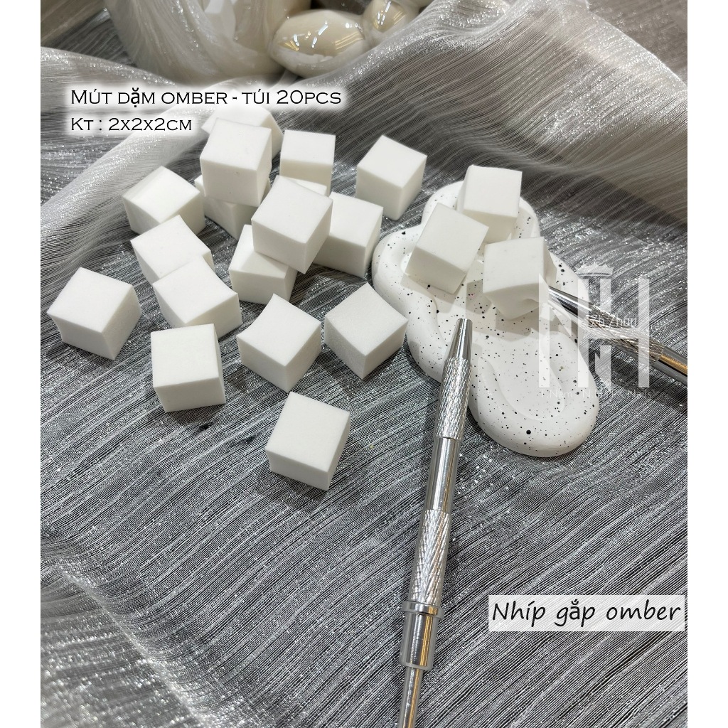 Set bông + cây cố định mút dặm ombre, mút dặm omber, nhíp gắp mút omber