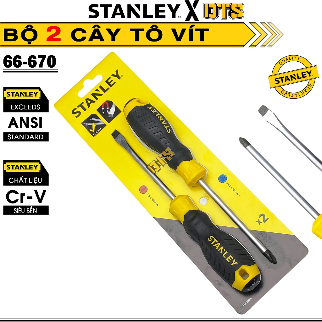 Bộ 2 tua vít STANLEY Mỹ | Bộ tô vít dẹp và bake thép Cr-V siêu bền có nam  châm từ tính, tay cầm 2 lớp 66-670 (STMT66670)