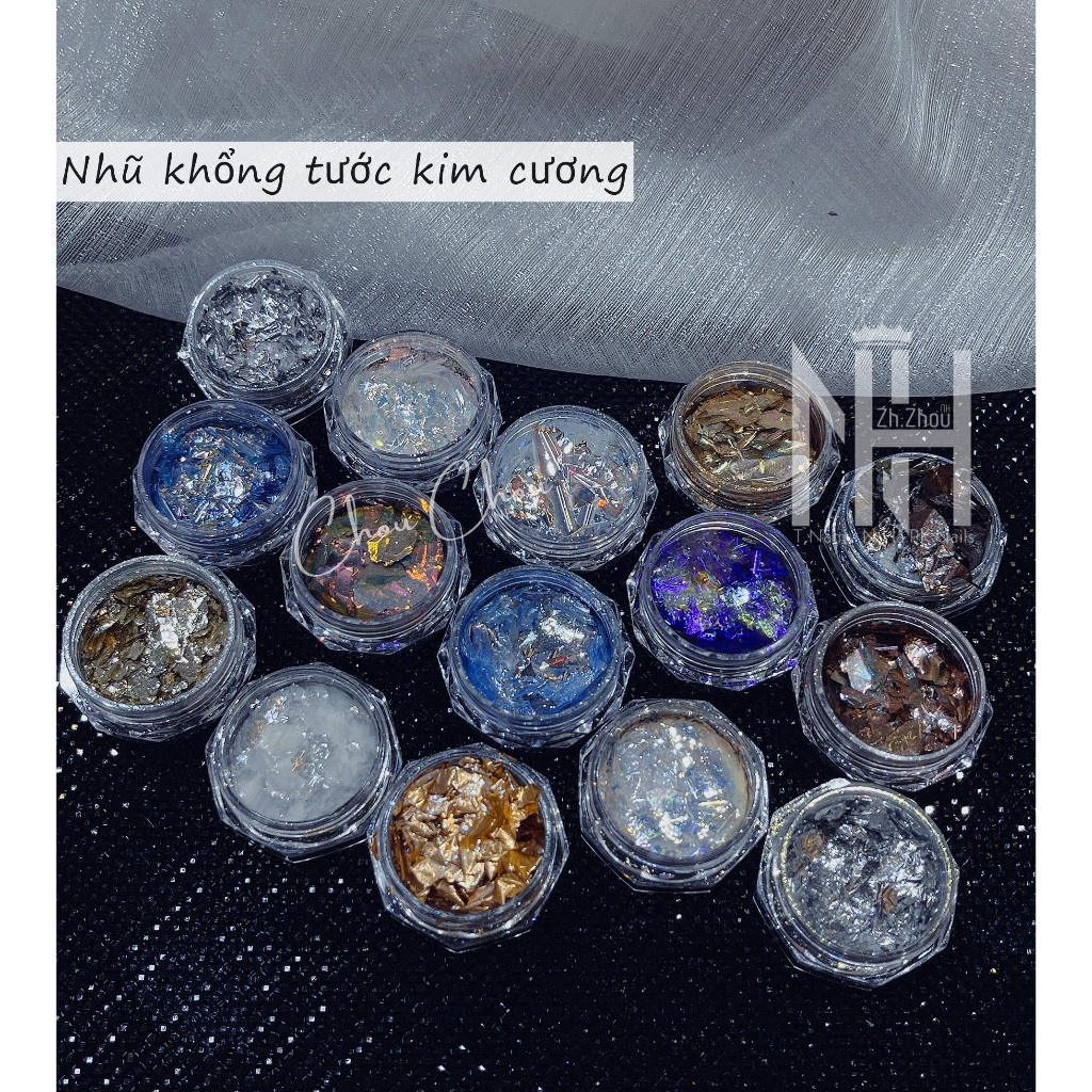 Nhũ khổng tước trắng, Nhũ bay mix nhũ flash kim cương, nhũ khổng tước trang trí móng , nhũ flash cao cấp
