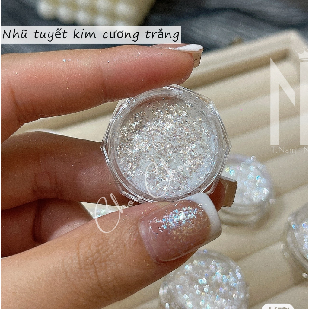 Nhũ khổng tước trắng, Nhũ bay mix nhũ flash kim cương, nhũ khổng tước trang trí móng , nhũ flash cao cấp