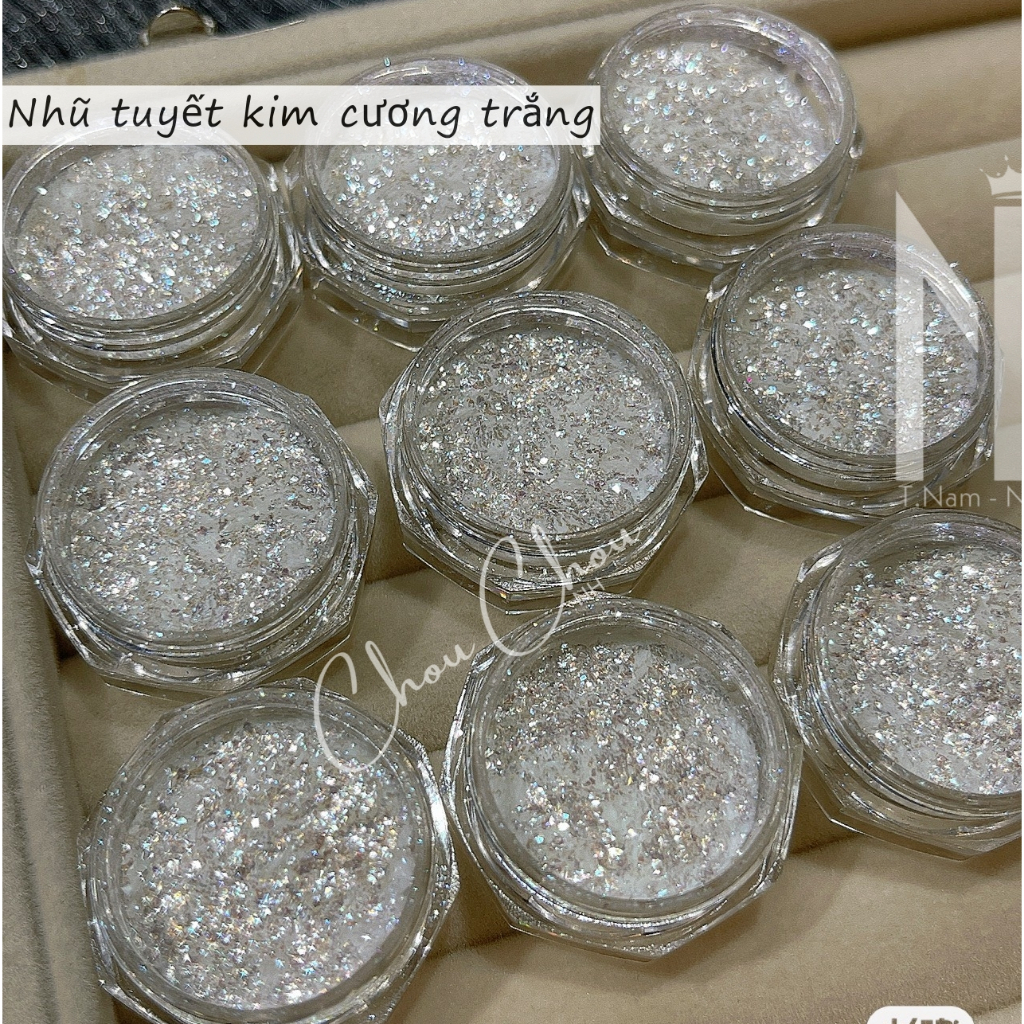 Nhũ khổng tước trắng, Nhũ bay mix nhũ flash kim cương, nhũ khổng tước trang trí móng , nhũ flash cao cấp