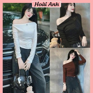 Áo Thun Trơn Lệch Vai Dài Tay Nhún Rúm Eo Áo Thun Thu Đông Ôm Body Hở Trễ Vai Hàn Quốc Freesize