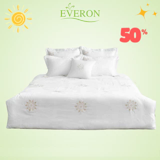 [160*200] Bộ drap chăn ga 1m6*2m Everon EST 21034 màu trắng thêu vải tencel cao cấp