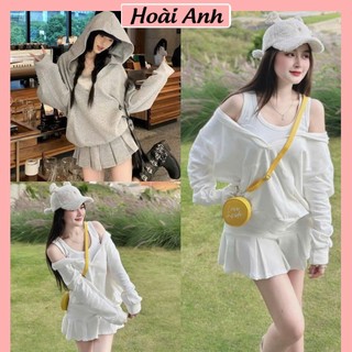 Set Bộ Đồ Nữ 3 Món Hàn Quốc Áo Dài Tay Có Mũ Cổ V Rộng Kèm Áo Ba 3 Lỗ Ôm Body Mix Chân Váy Xếp Ly Freesize