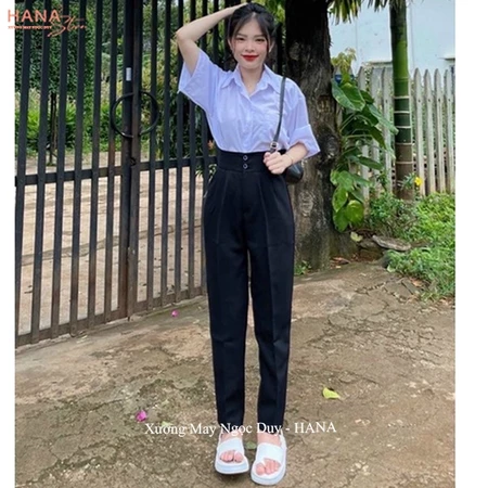 Quần tây nữ đi học 2 nút 1 khuy lưng cao A625 dáng quần baggy vải