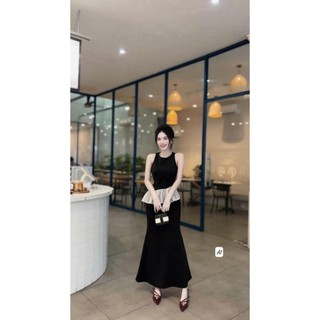 Set váy ngày tết thời trang trẻ trung sang trọng áo sát nách viền bèo chân váy đuôi cá dáng dài chất nhung cứng