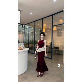 Set váy ngày tết thời trang trẻ trung sang trọng áo sát nách viền bèo chân váy đuôi cá dáng dài chất nhung cứng