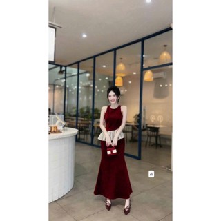 Set váy ngày tết thời trang trẻ trung sang trọng áo sát nách viền bèo chân váy đuôi cá dáng dài chất nhung cứng