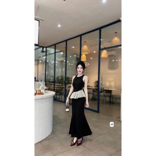 Set váy ngày tết thời trang trẻ trung sang trọng áo sát nách viền bèo chân váy đuôi cá dáng dài chất nhung cứng