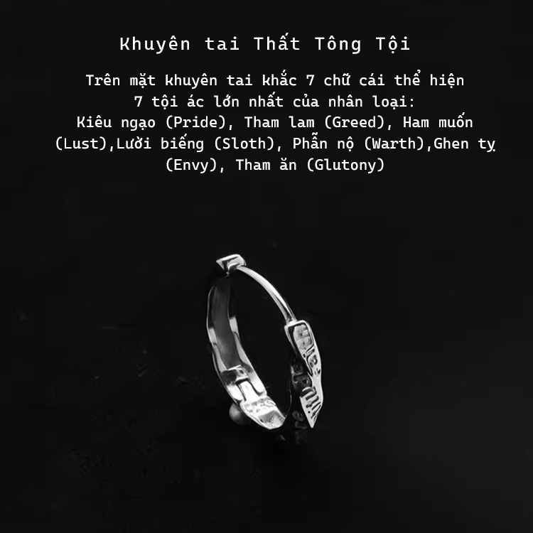 Khuyên tai tròn nam bạc 925 unisex Thất tông tội, khắc 7 tội ác con người cực chất (1 chiếc) KN135 | GEMY SILVER