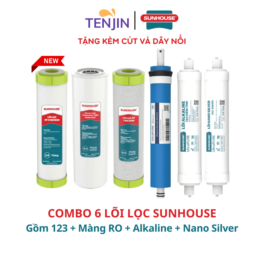 Combo 6 Lõi Lọc Nước SUNHOUSE Mới Cắm Nhanh Chính Hãng Gồm 123 + Màng RO Sunhouse V7 + Alkaline Nano Model SHA88512KV