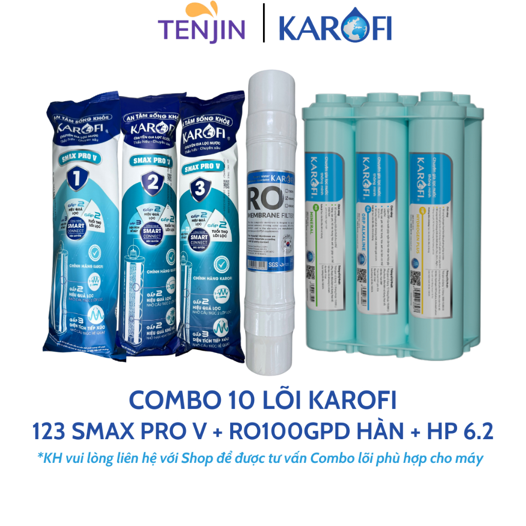 Combo 10 Lõi Lọc Karofi Model KAQ-X16 Sử Dụng 123 Smax Pro V, Màng RO 100GPD Purifim Hàn Và Bộ Hiệu Suất Cao Smax HP 6.2
