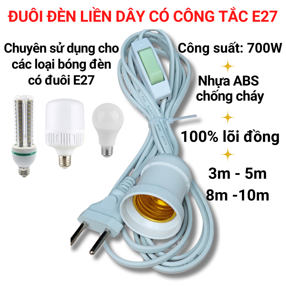 Dây đui đèn có công tắc E27 3m, 5m, 8m, 10m