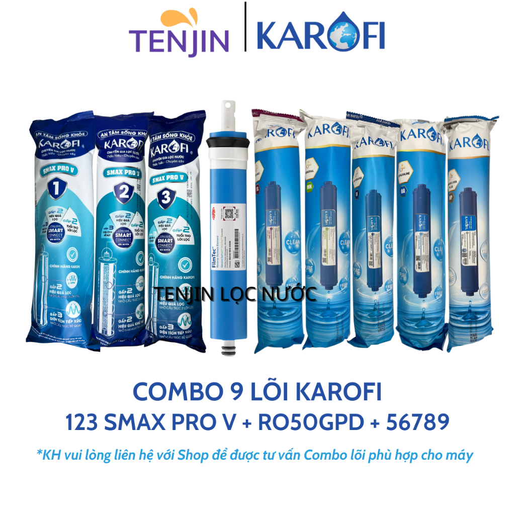 Combo 9 Lõi Lọc Nước Karofi Gồm Lõi 123 Smax Pro V - Màng RO Dupont 50GPD - Lõi Chức Năng T33 Mineral Far ORP Nano