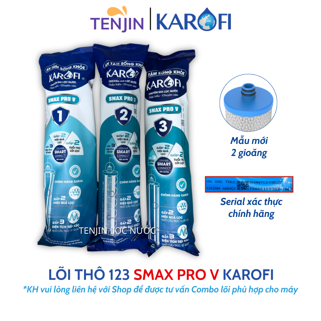Combo 9 Lõi Lọc Nước Karofi Gồm Lõi 123 Smax Pro V - Màng RO Dupont 50GPD - Lõi Chức Năng T33 Mineral Far ORP Nano