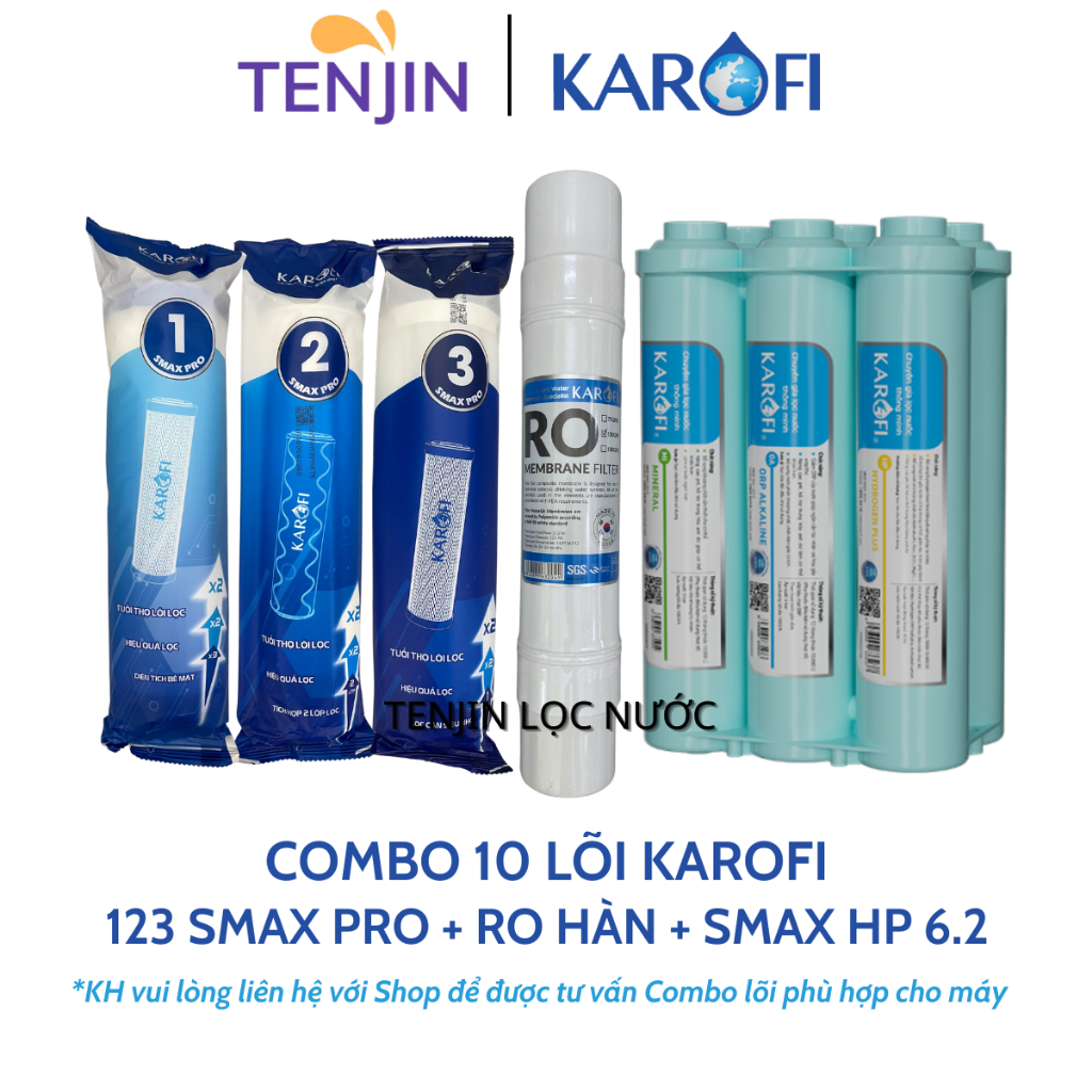 Combo 10 Lõi Lọc Karofi Sử Dụng 123 Smax Pro, Màng RO100GPD Membrane Hàn Và Cụm Hiệu Suất Cao Smax HP 6.2 Model KAD-X60