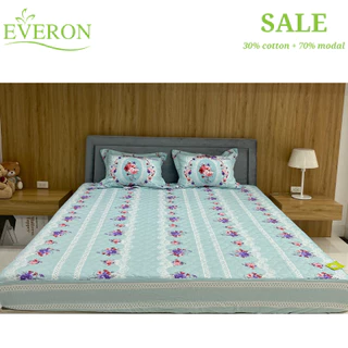 Everon Bộ grap Ga chun, chun chần vỏ gối chăn màu xanh in hoa giảm giá chất liệu Modal thiết kế cao cấp AP 1715 A