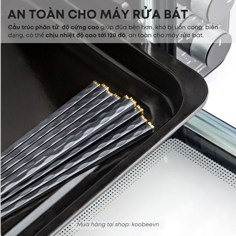 Bộ 5/10 Đôi Đũa Sợi Thủy Tinh Màu Đen Thân Vuông Mạ Bạc Chống Mốc, Chịu Nhiệt, Chống Trơn Trượt KOOBEE | 156