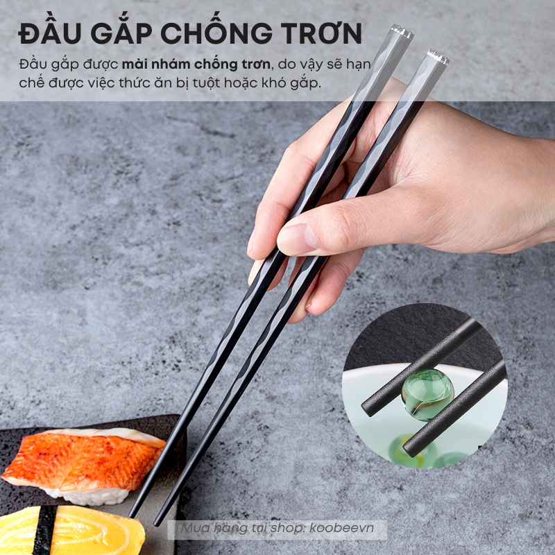 Bộ 5/10 Đôi Đũa Sợi Thủy Tinh Màu Đen Thân Vuông Mạ Bạc Chống Mốc, Chịu Nhiệt, Chống Trơn Trượt KOOBEE | 156