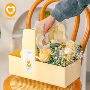 Hộp giấy 2 ngăn đựng bánh và hoa (có kèm hộp mica đựng bánh)-BB217
