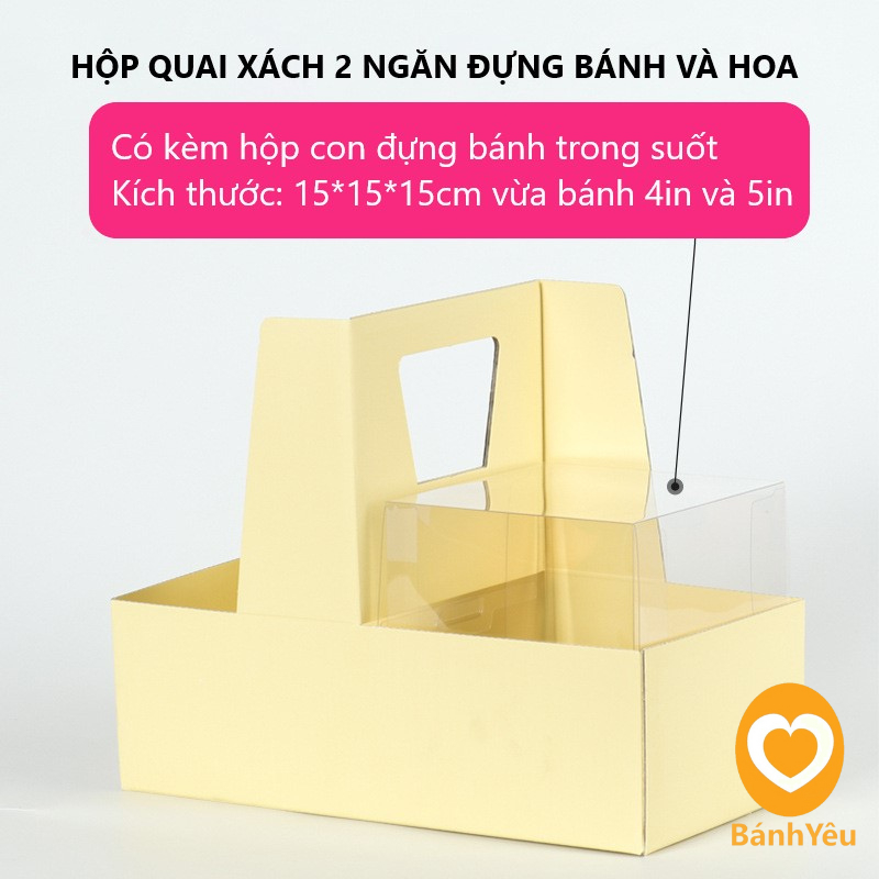 Hộp giấy 2 ngăn đựng bánh và hoa (có kèm hộp mica đựng bánh)-BB217